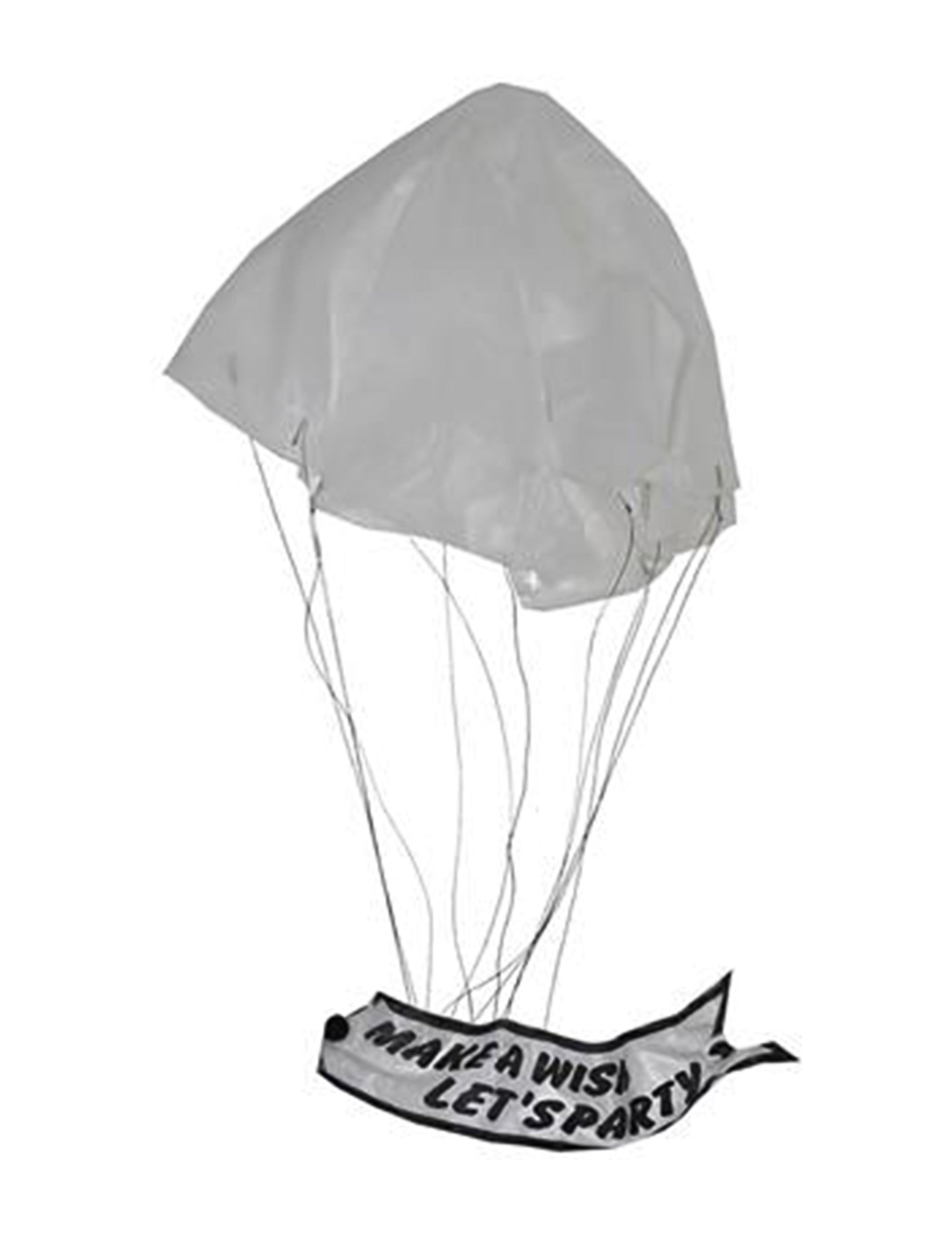Détail du parachute déployé avec sa bannière du canon à confettis avec parachute pour la fête