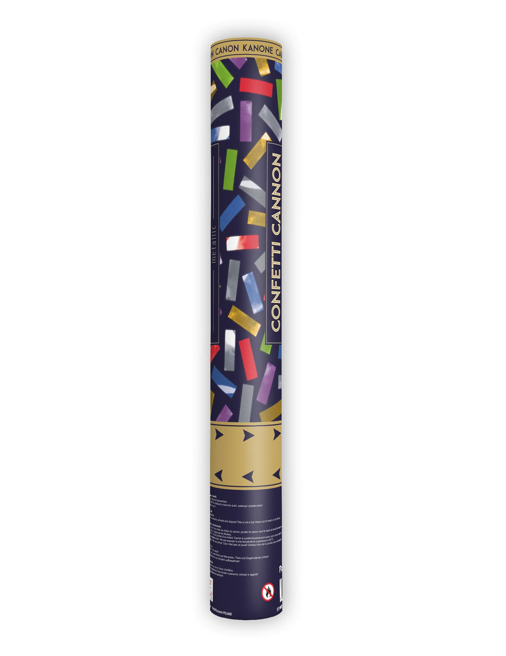 Vue de face du tube du canon à confettis multicolores métalliques
