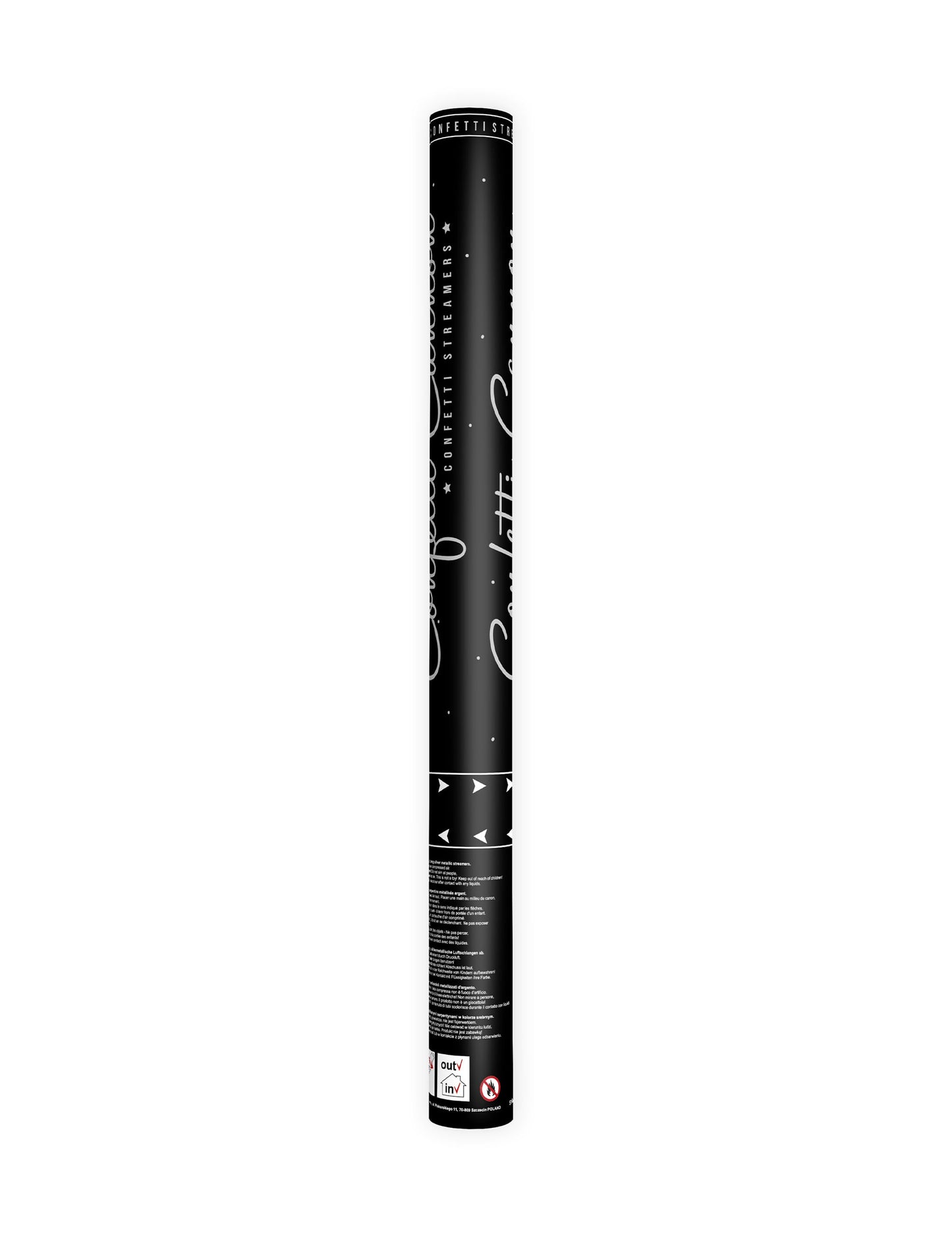 Vue de face du tube du canon à confettis serpentins pour fête argentés