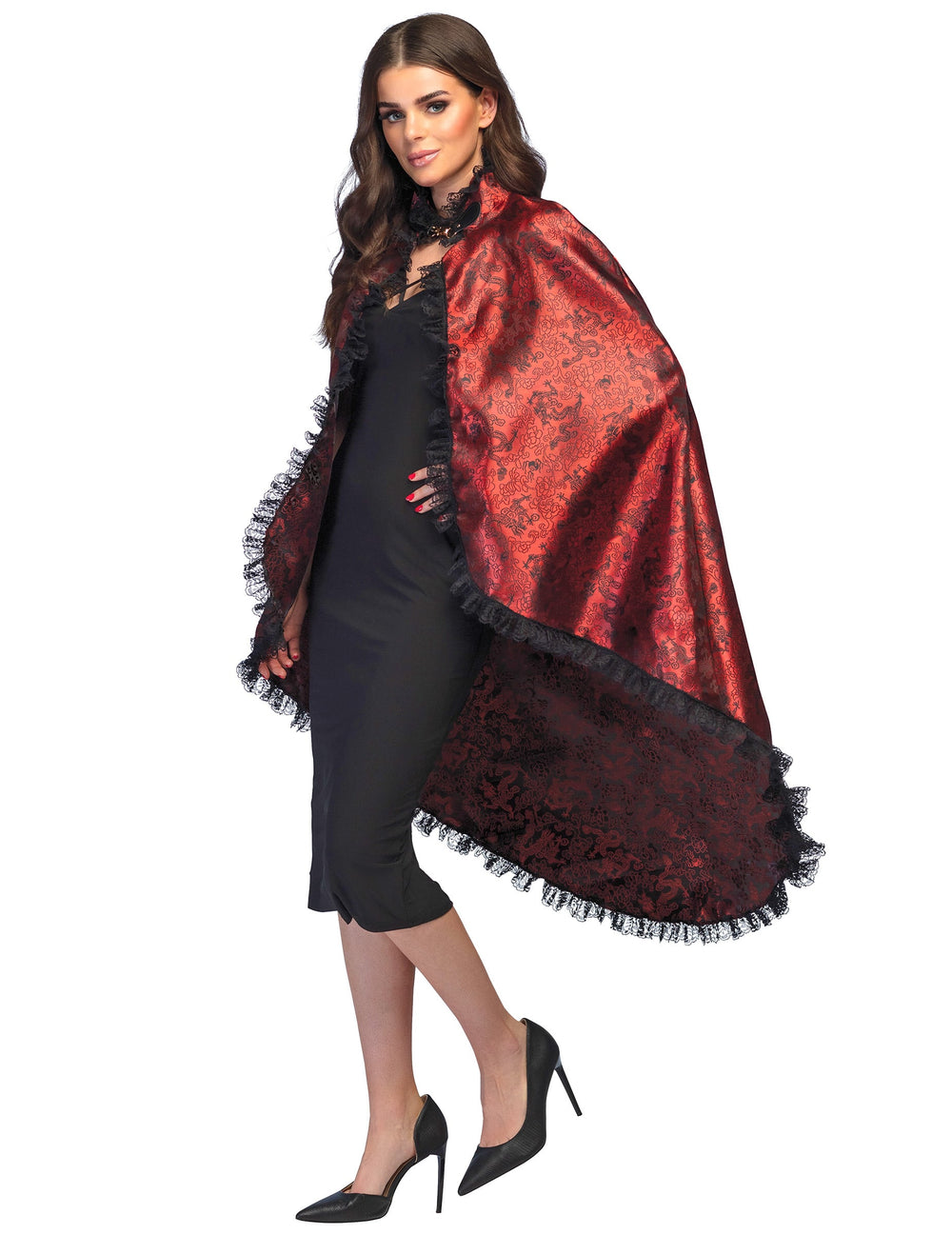 Cape de vampire pour adulte rouge avec dentelle noire