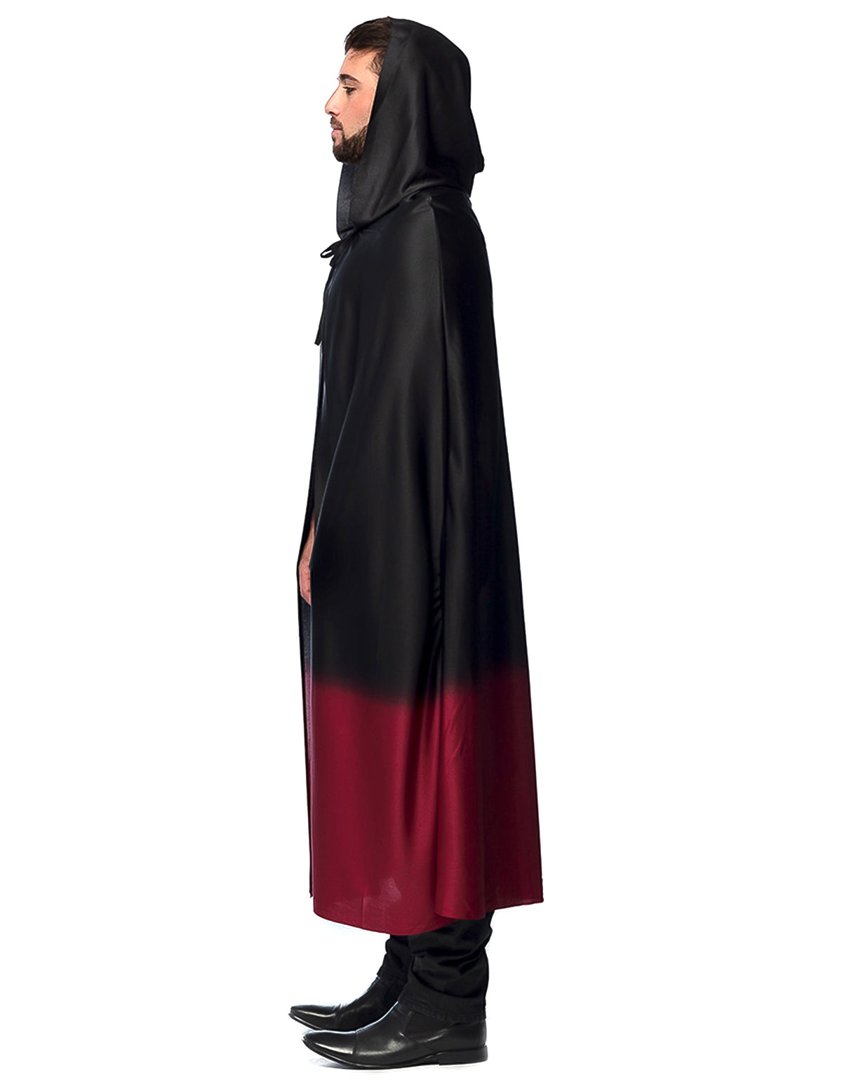 Vue de profil de la cape Halloween pour adulte noire avec dégradé rouge
