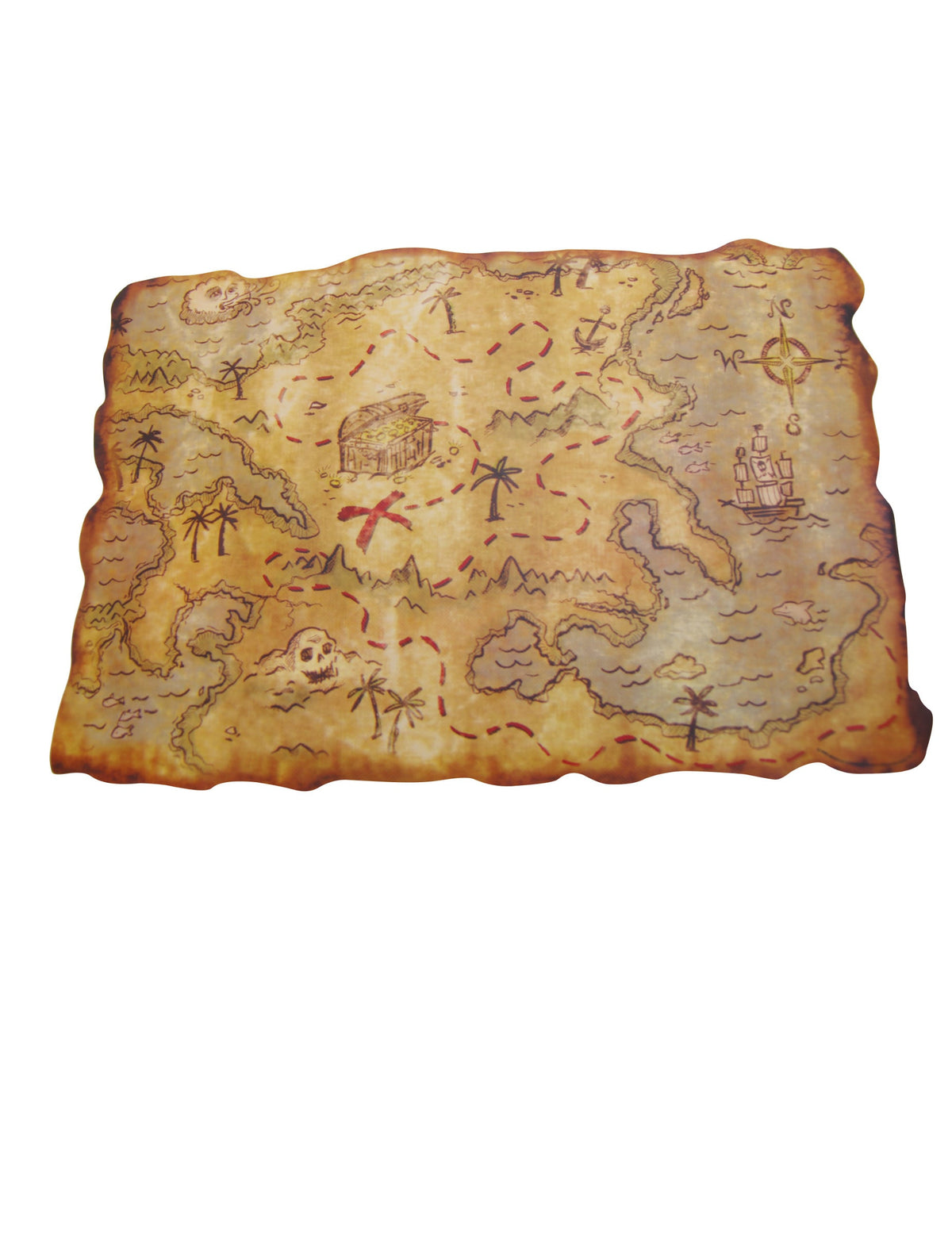 Carte en plastique pirate aspect vieux parchemin beige avec croix rouge et coffre au trésor
