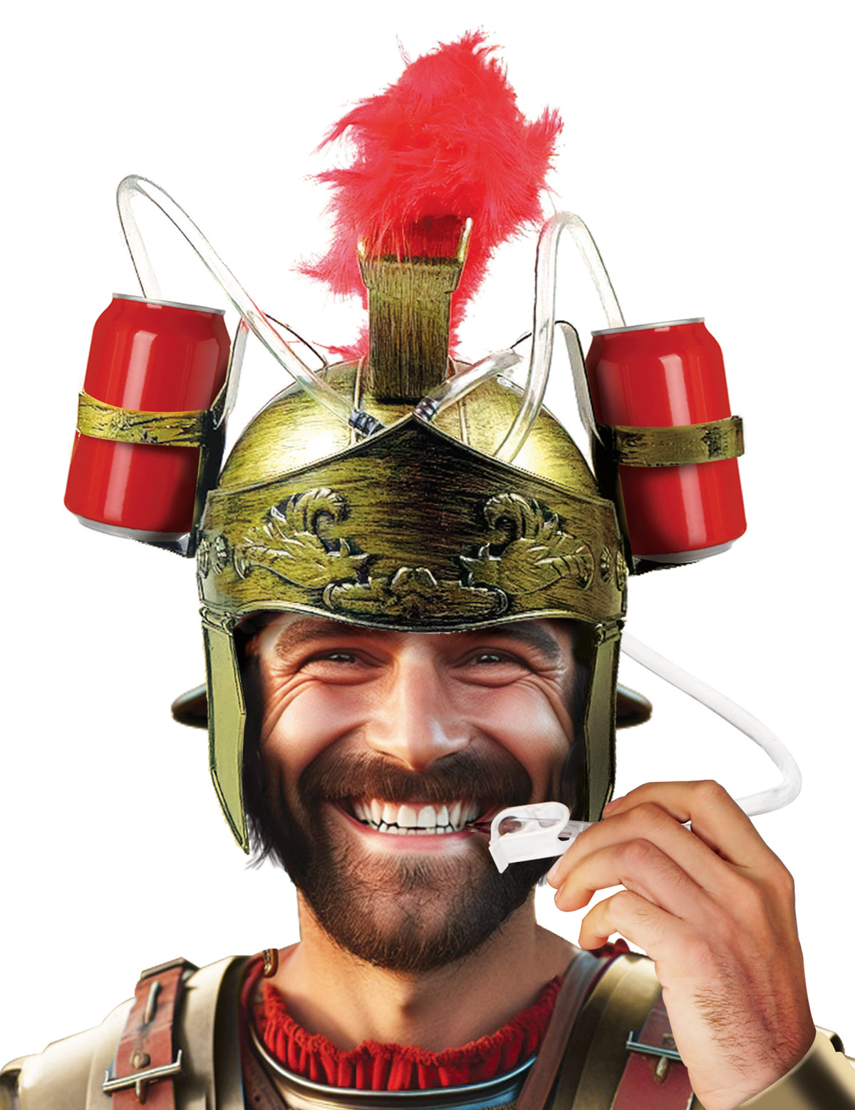 Casque anti-soif gladiateur pour adulte doré avec plume rouge et porte-canettes