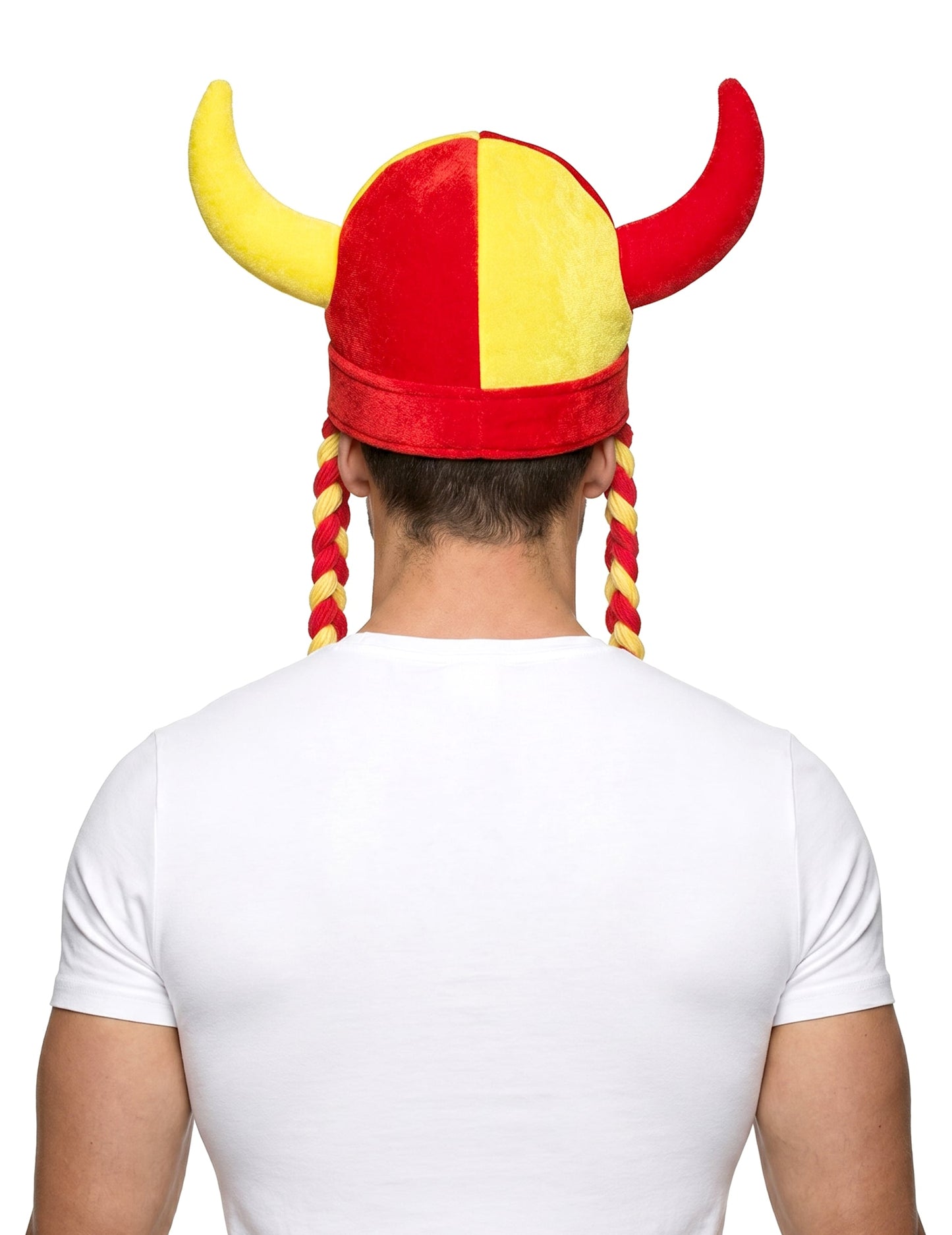 Casque en tissu avec cornes et tresses supporter rouge et jaune Espagne