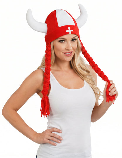 Casque en tissu avec cornes et tresses supporter Suisse