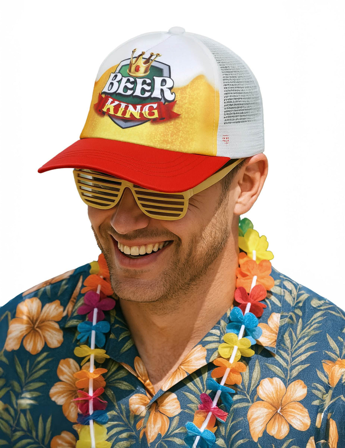 Casquette Beer king pour adulte jaune et blanche avec visière rouge