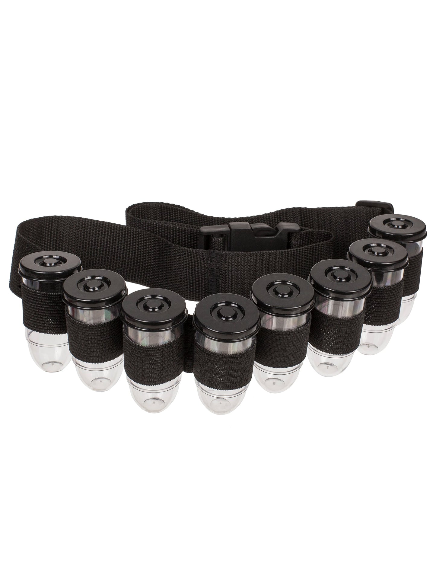 Détail des fioles et du système d'attache de la ceinture à shooters pour adulte