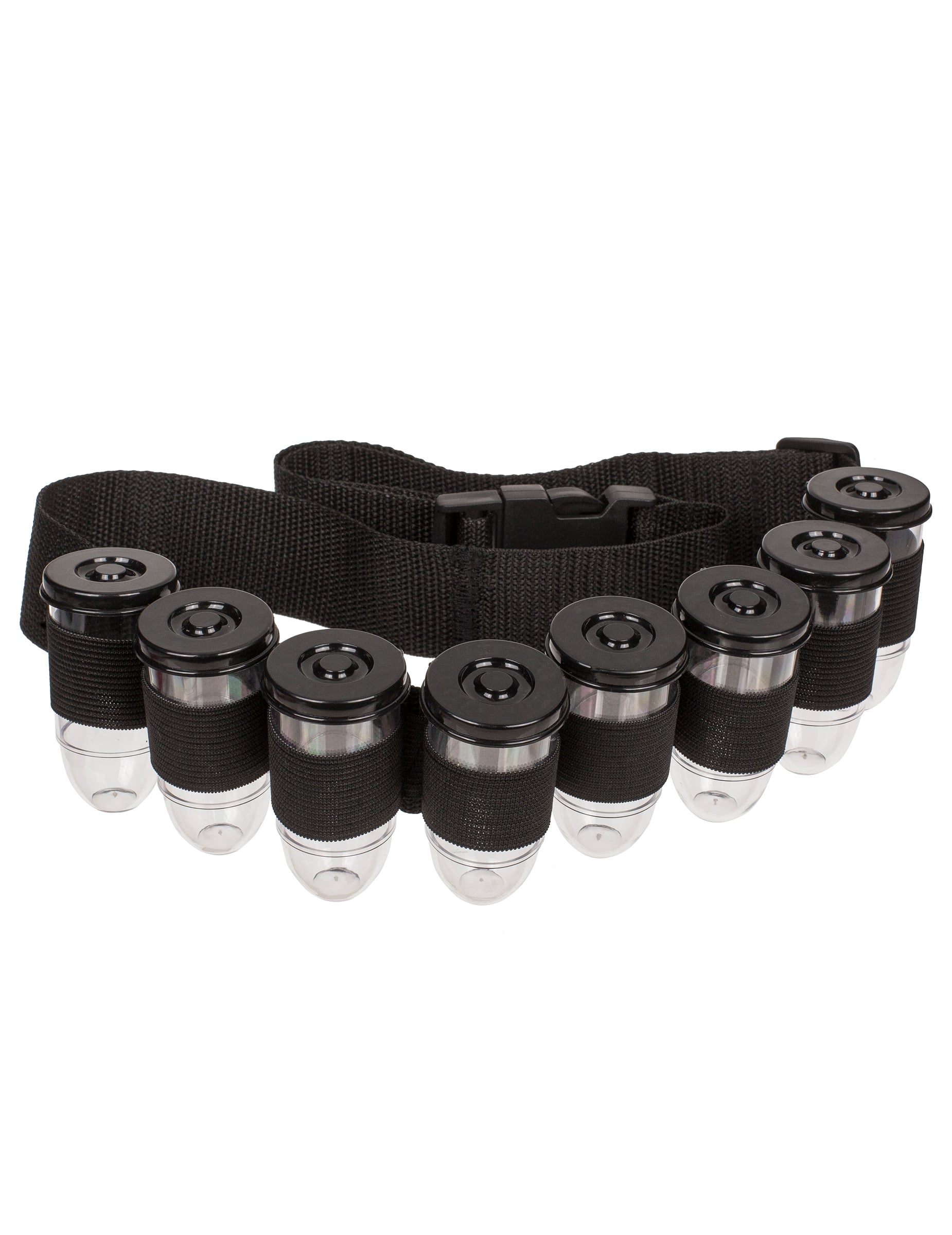 Détail des fioles et du système d'attache de la ceinture à shooters pour adulte