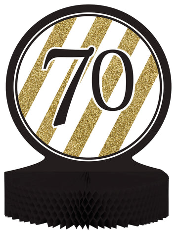 Središnji ukras za stol od saćastog papira 70 godina crno-zlatni 23 x 30 cm 