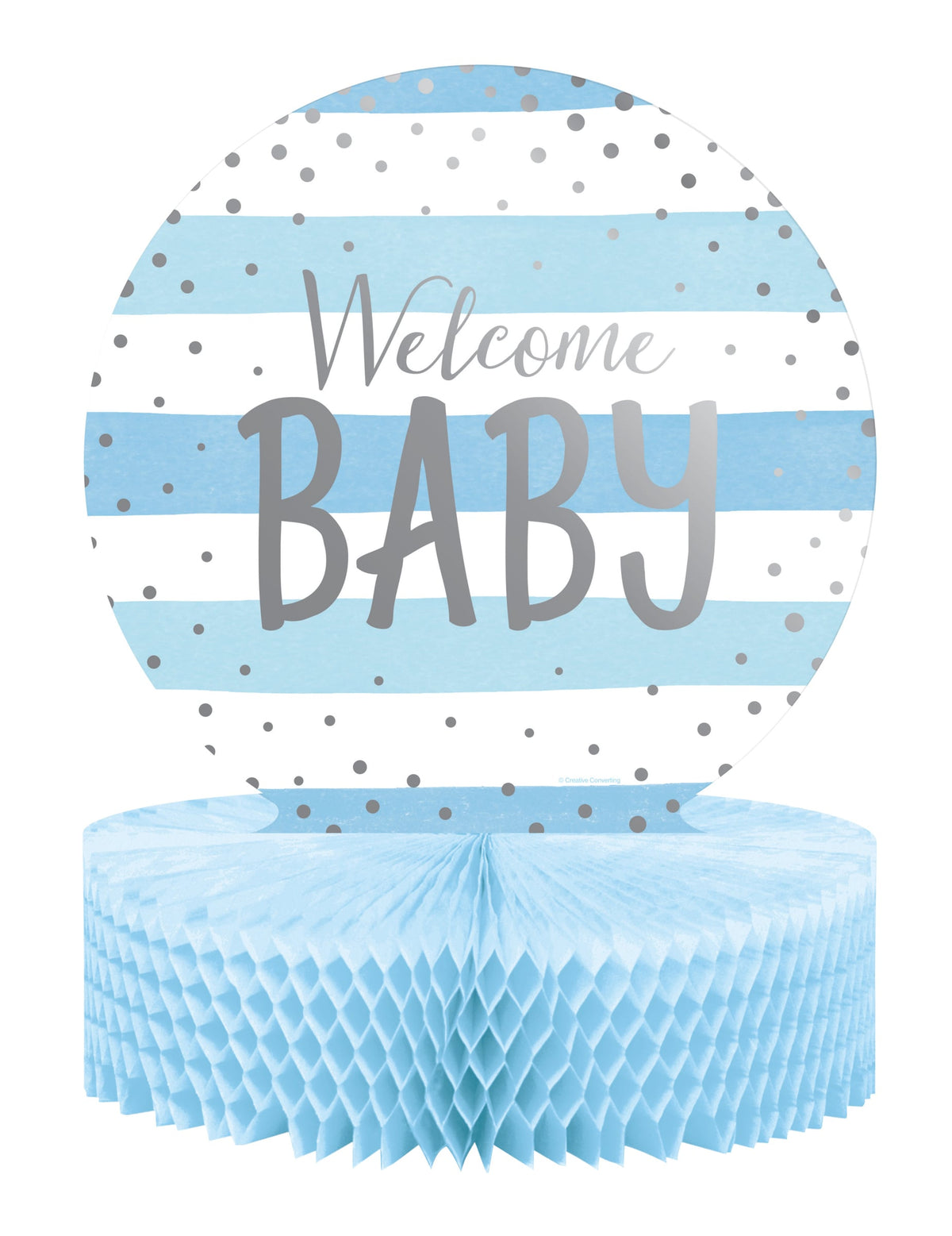 Centre de table en papier alvéolé Welcome Baby pour baby shower bleu et blanc