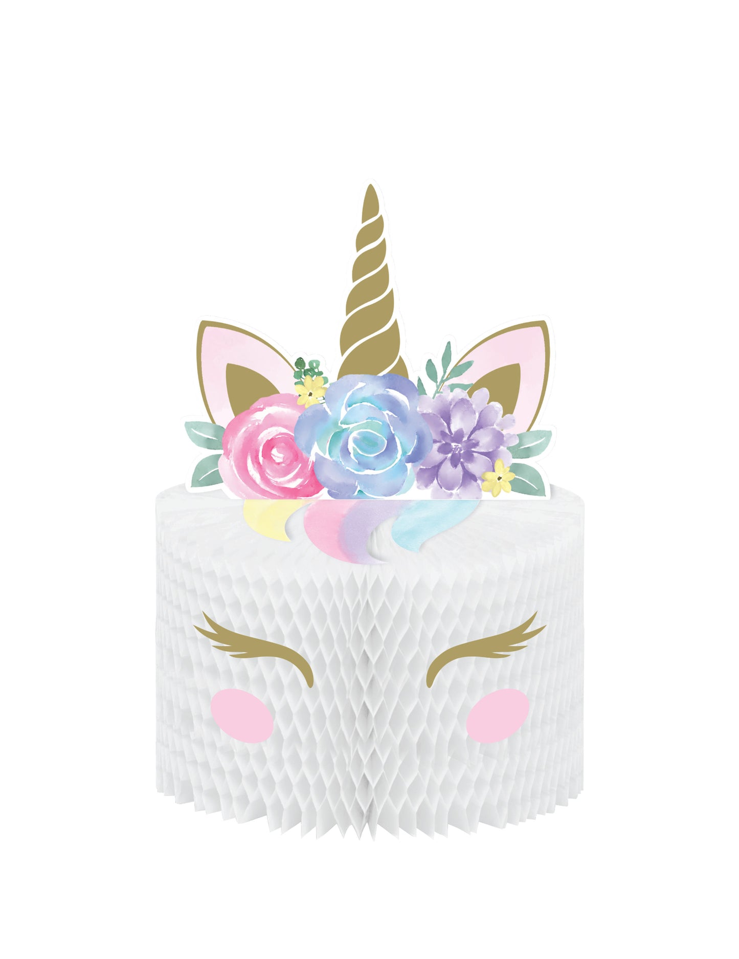 Centre de table en papier alvéolé licorne féerique blanc avec fleurs pastel et corne dorée