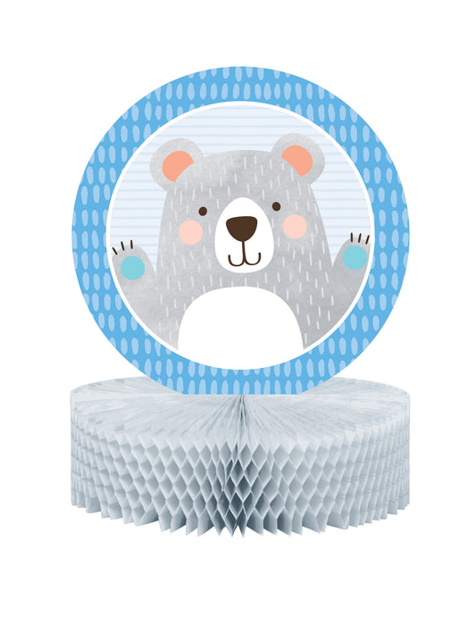 Centre de table en papier alvéolé petit ours pour baby shower gris et bleu