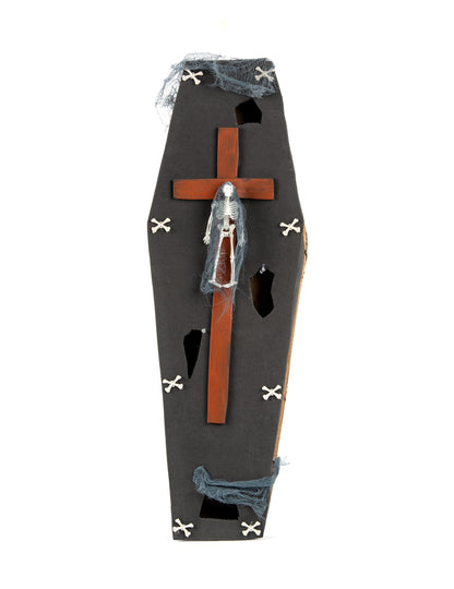 Cercueil avec croix Halloween pour décoration noir avec squelette et voile