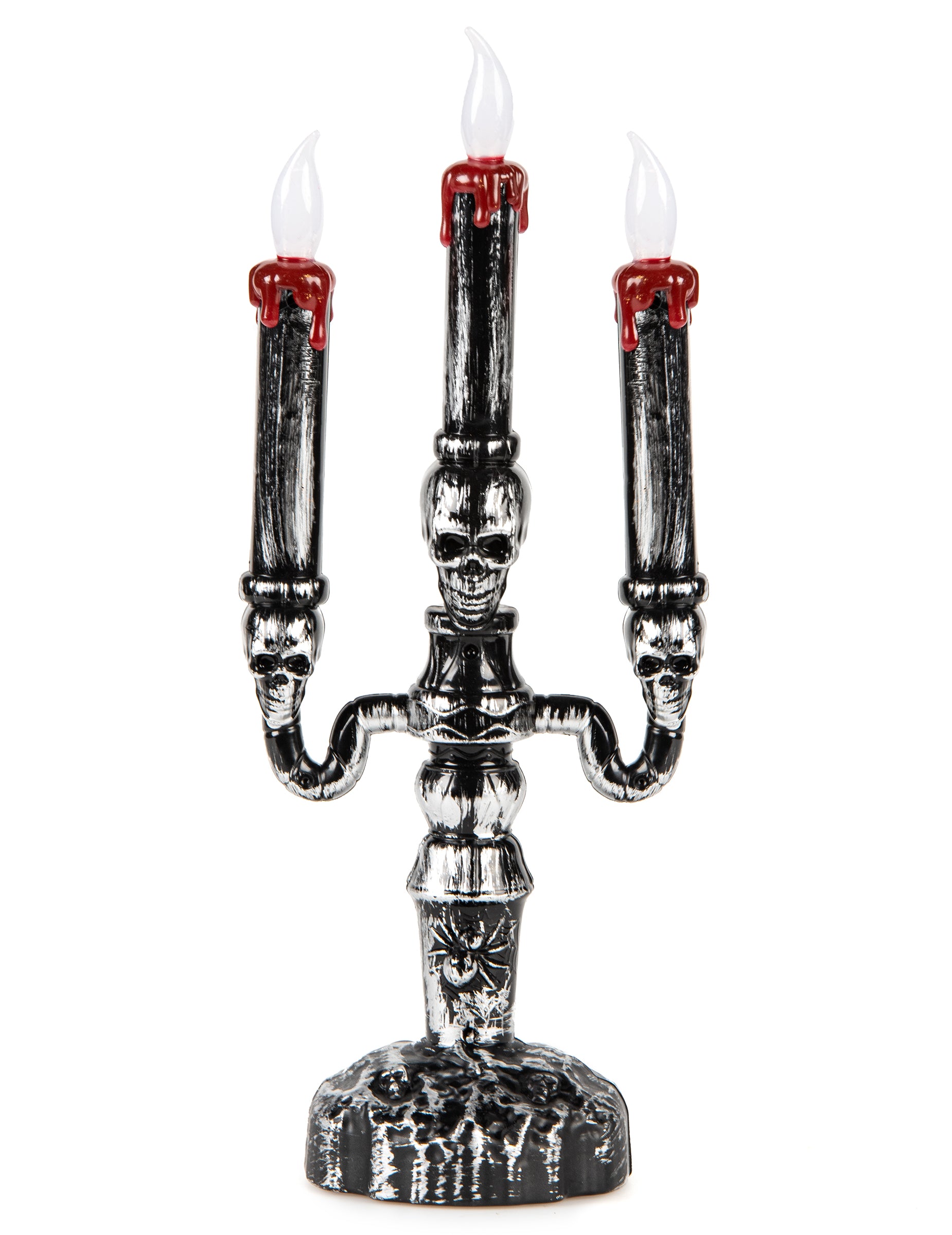 Chandelier à 3 branches LED Halloween pour décoration argent et noir avec têtes de mort et cire rouge