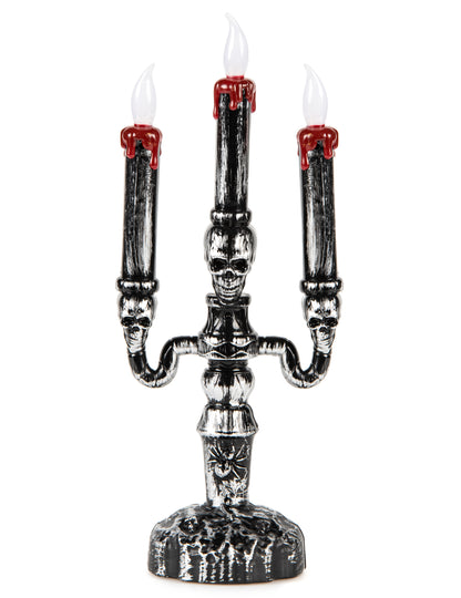 Chandelier à 3 branches LED Halloween pour décoration argent et noir avec têtes de mort et cire rouge