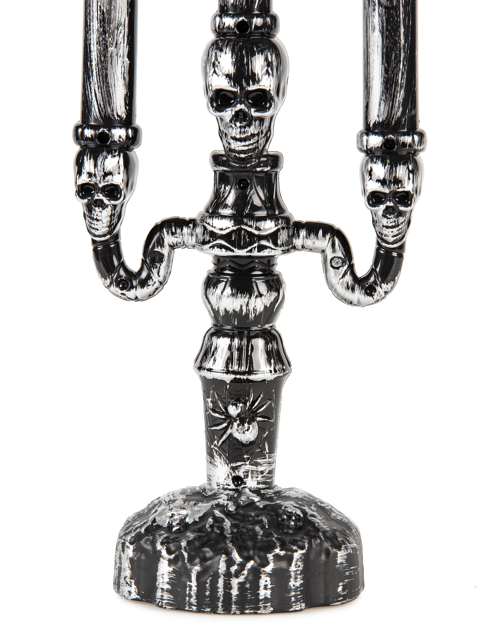 Détail du socle avec araignée et têtes de mort du chandelier à 3 branches LED Halloween