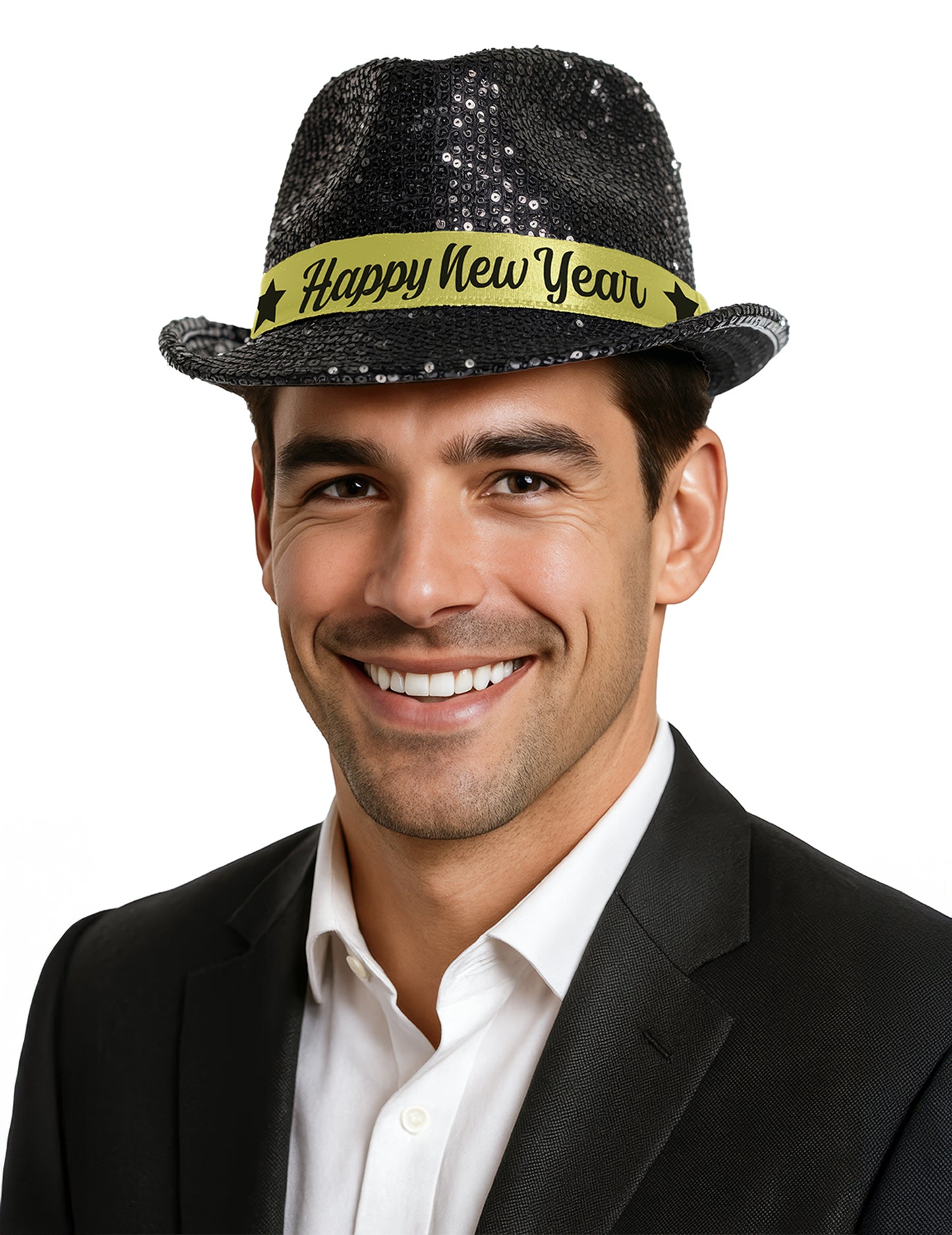 Crna šljokičasta kapa za odrasle sa Sretnom Novom godinom