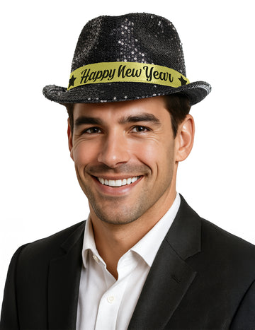 Crna šljokičasta kapa za odrasle sa Sretnom Novom godinom