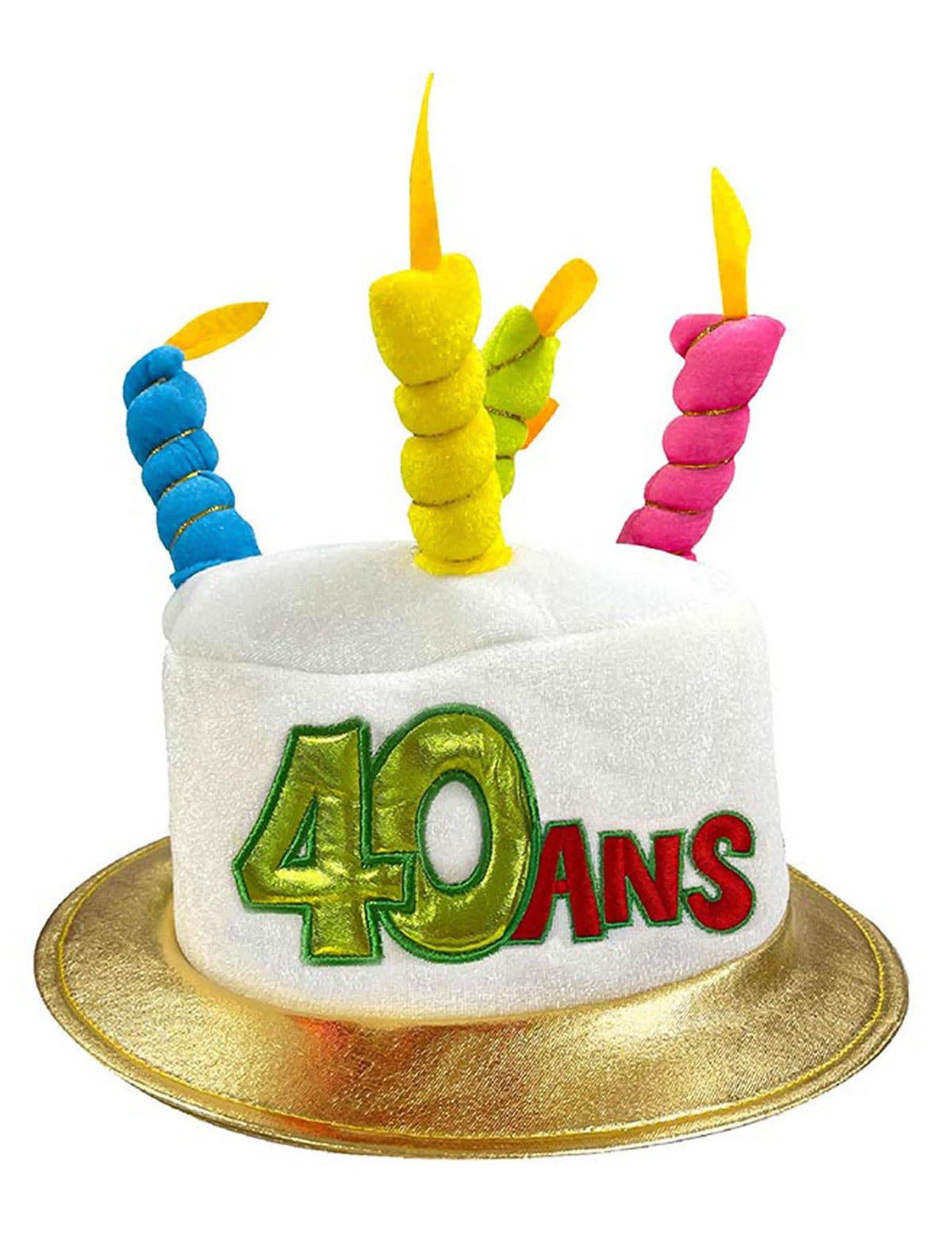 Chapeau za 40. rođendan za odrasle bijela u obliku torte sa šarenim svijećama
