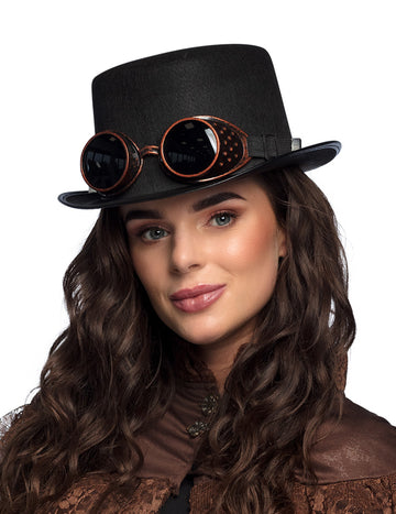Chapeau avec lunettes Steampunk pour adulte noir et cuivré