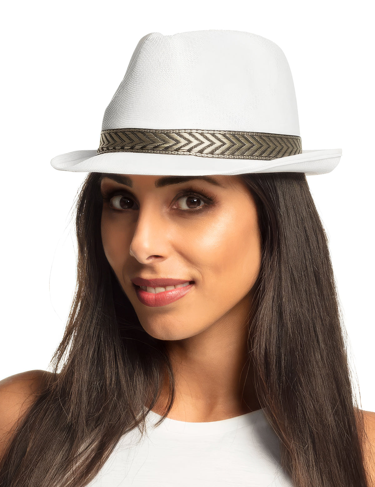 Chapeau borsalino trilby pour adulte blanc avec ruban à motifs chevrons