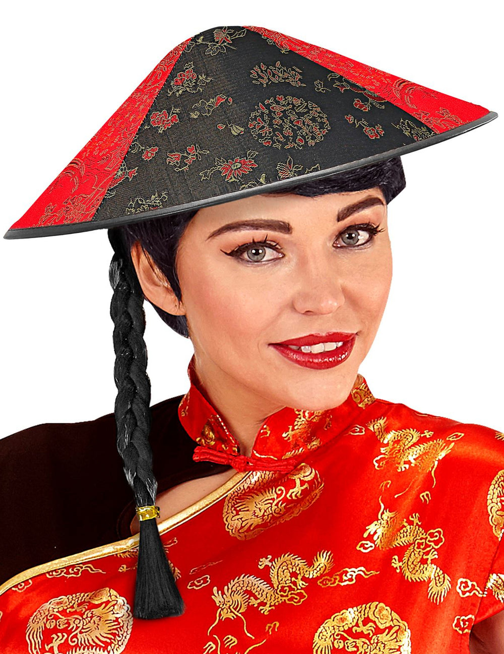 Chapeau chinois avec tresse noire pour adulte rouge et noir à motifs floral
