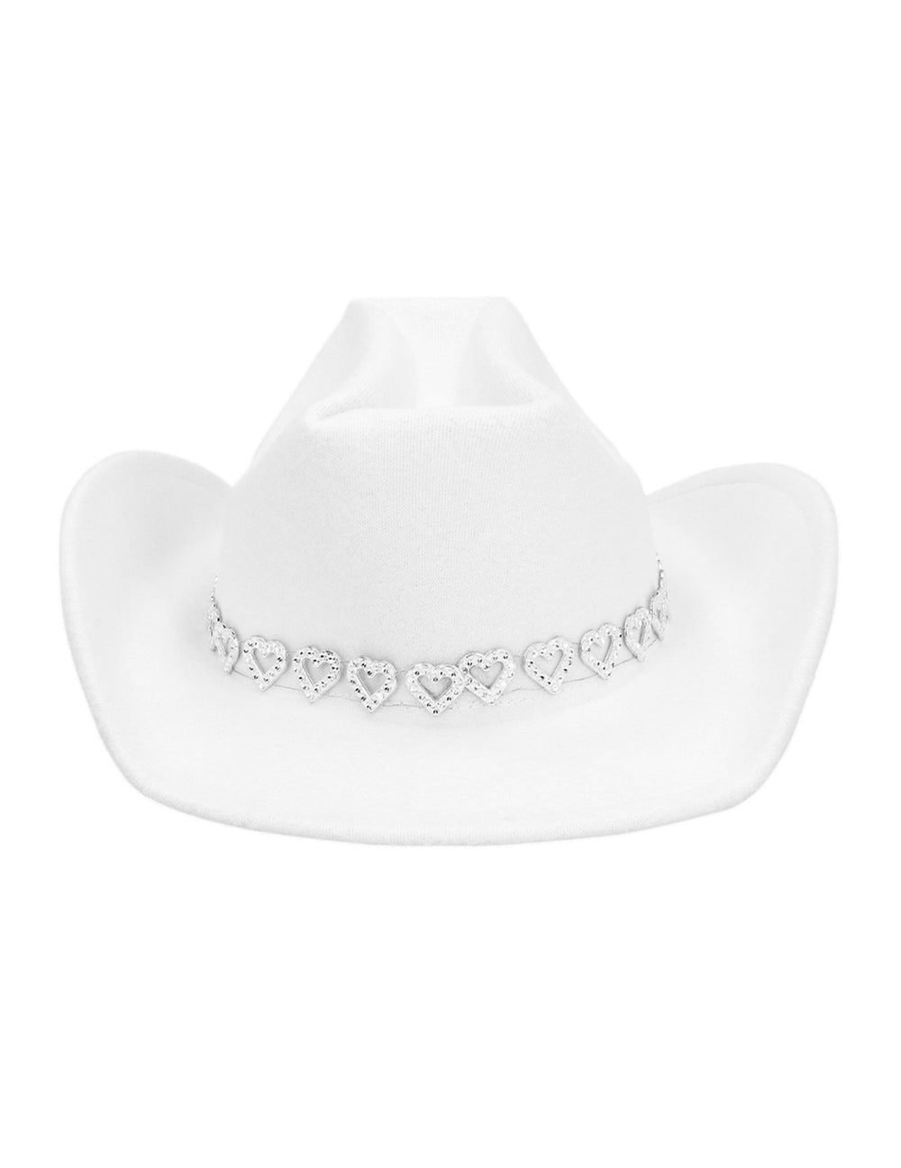 Gros plan sur les cœurs argentés du chapeau cowboy pour adulte blanc avec cœurs brillants