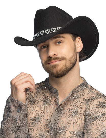 Crni kaubojski šešir s blistavim srcima za odrasle 