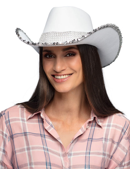 Bijeli kaubojski šešir za odrasle s cirkonima