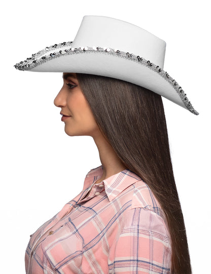 Bijeli kaubojski šešir za odrasle s cirkonima