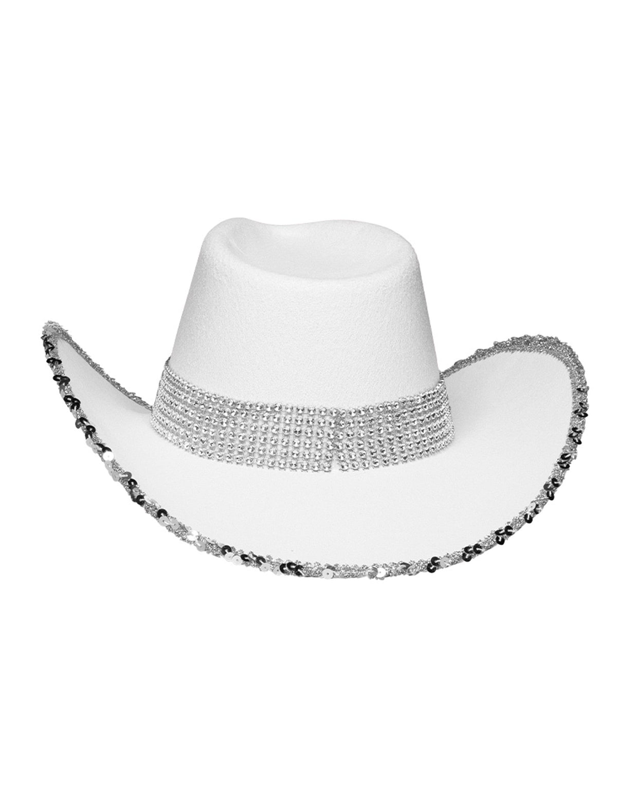 Vue de face du chapeau de cowboy blanc à strass pour adulte