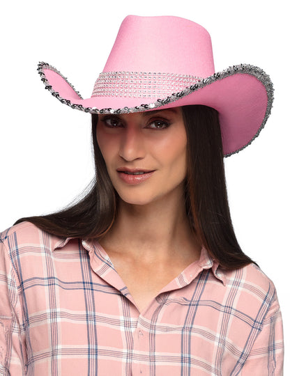 Svijetloružičasti kaubojski šešir za odrasle s cirkonima