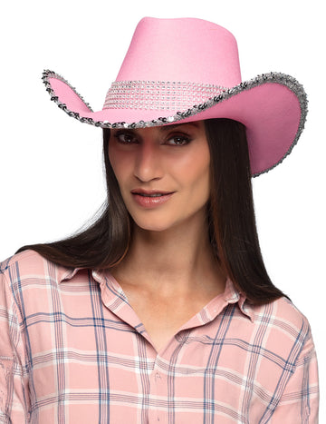 Svijetloružičasti kaubojski šešir za odrasle s cirkonima