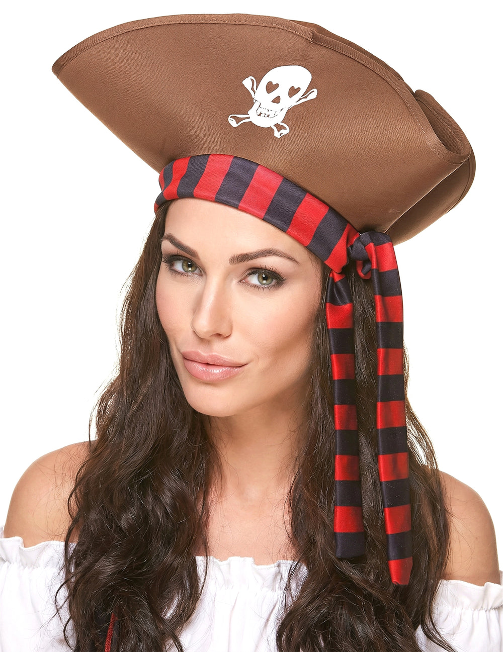 Chapeau de pirate pour adulte marron avec bandana rayé rouge et noir et tête de mort