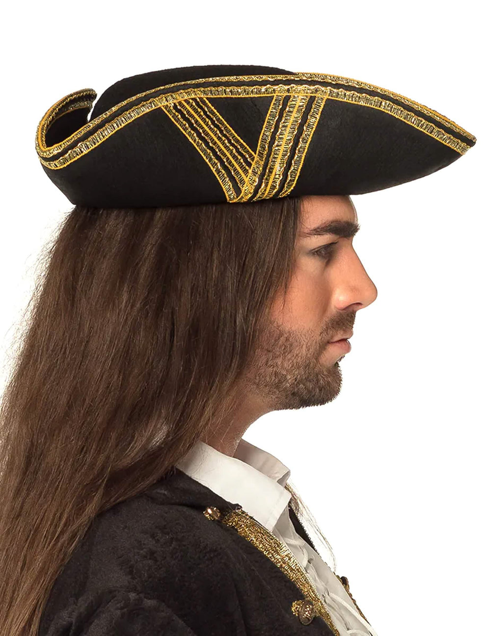 Bočni prikaz crnog piratskog šešira za odrasle sa zlatnom obrubom