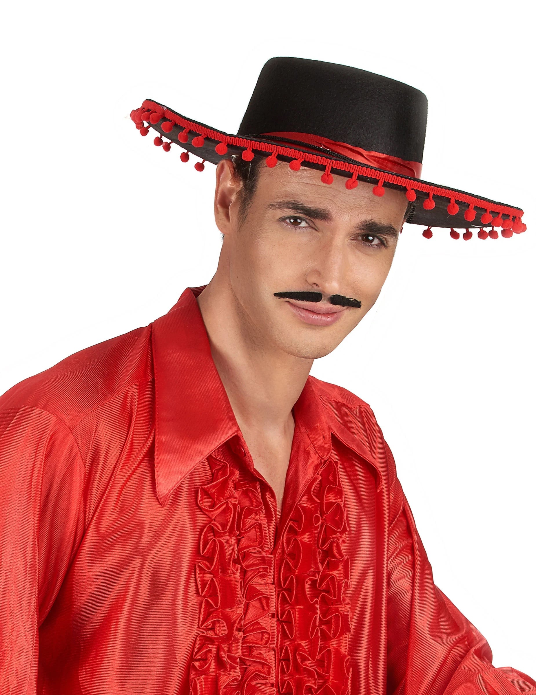 Chapeau espagnol pour homme noir et rouge avec pompons