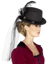 Chapeau haut de forme Steampunk pour femme noir avec voile et plume