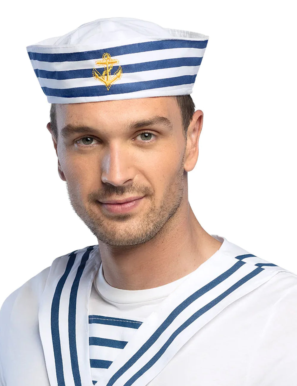 Chapeau marin rayé pour adulte blanc et bleu avec ancre dorée