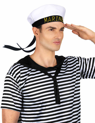 Chapeau de marin pour adulte blanc avec ruban noir et inscription Marine