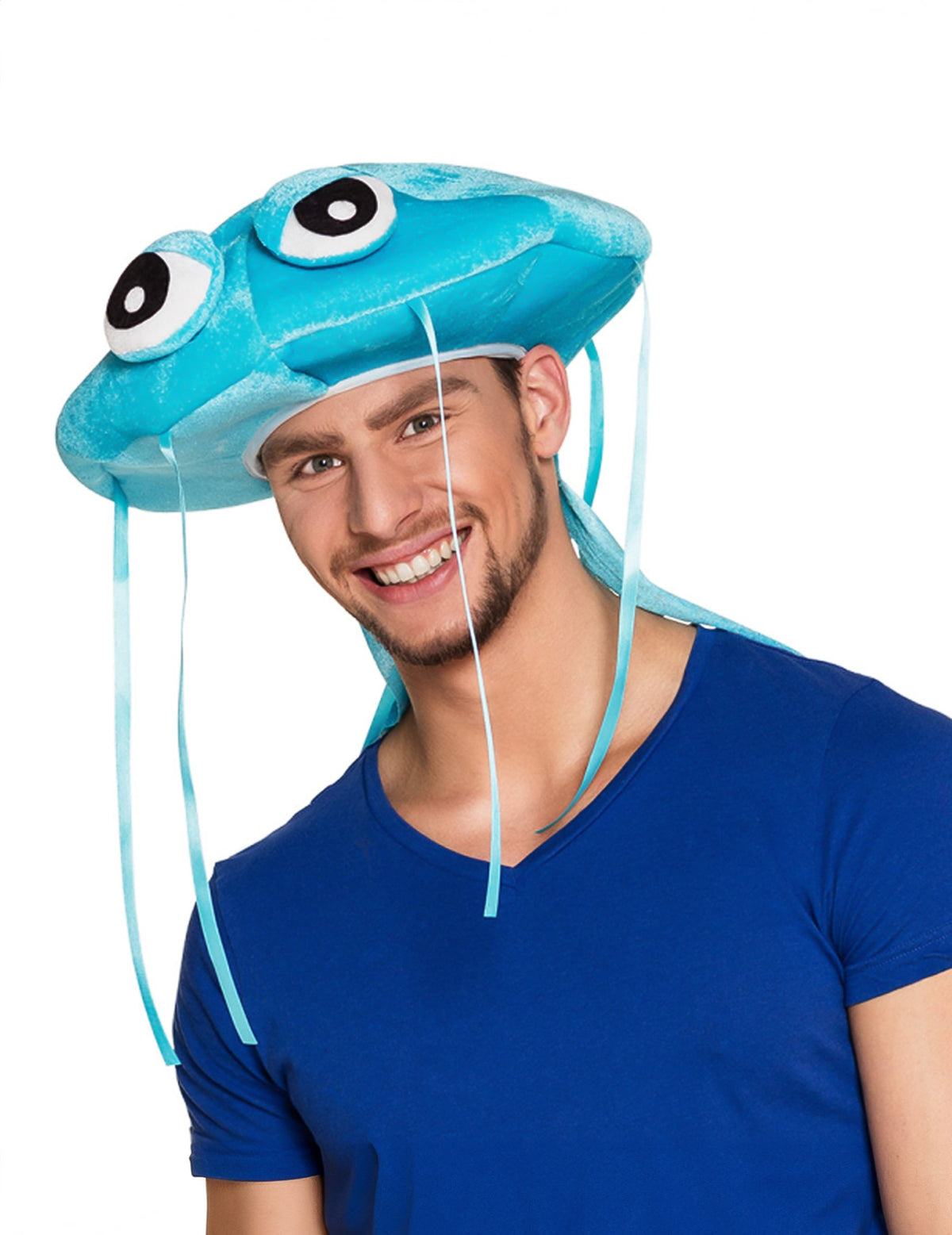 Chapeau méduse pour adulte bleu en peluche avec rubans