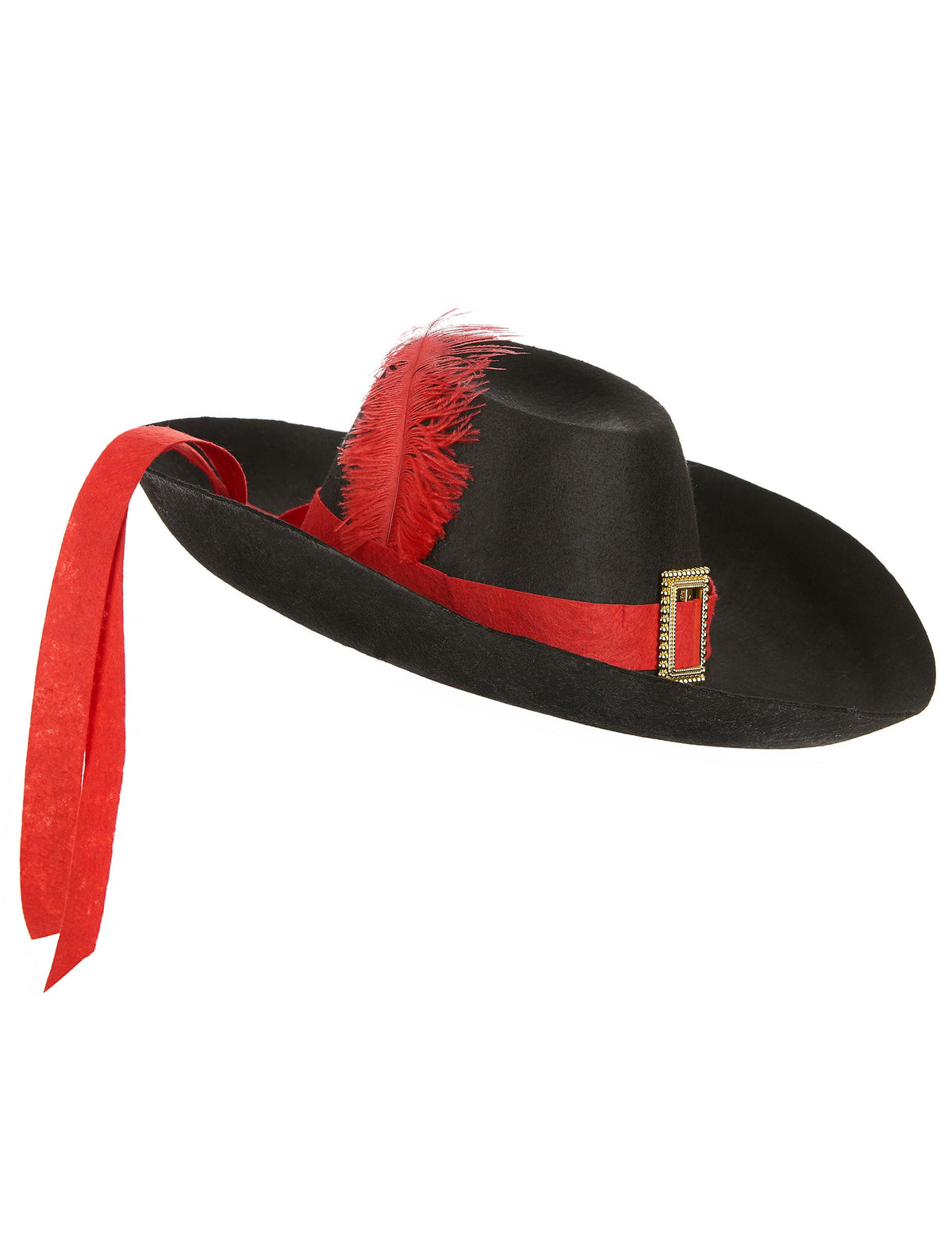 Chapeau mousquetaire pour adulte noir et rouge avec plume et boucle dorée