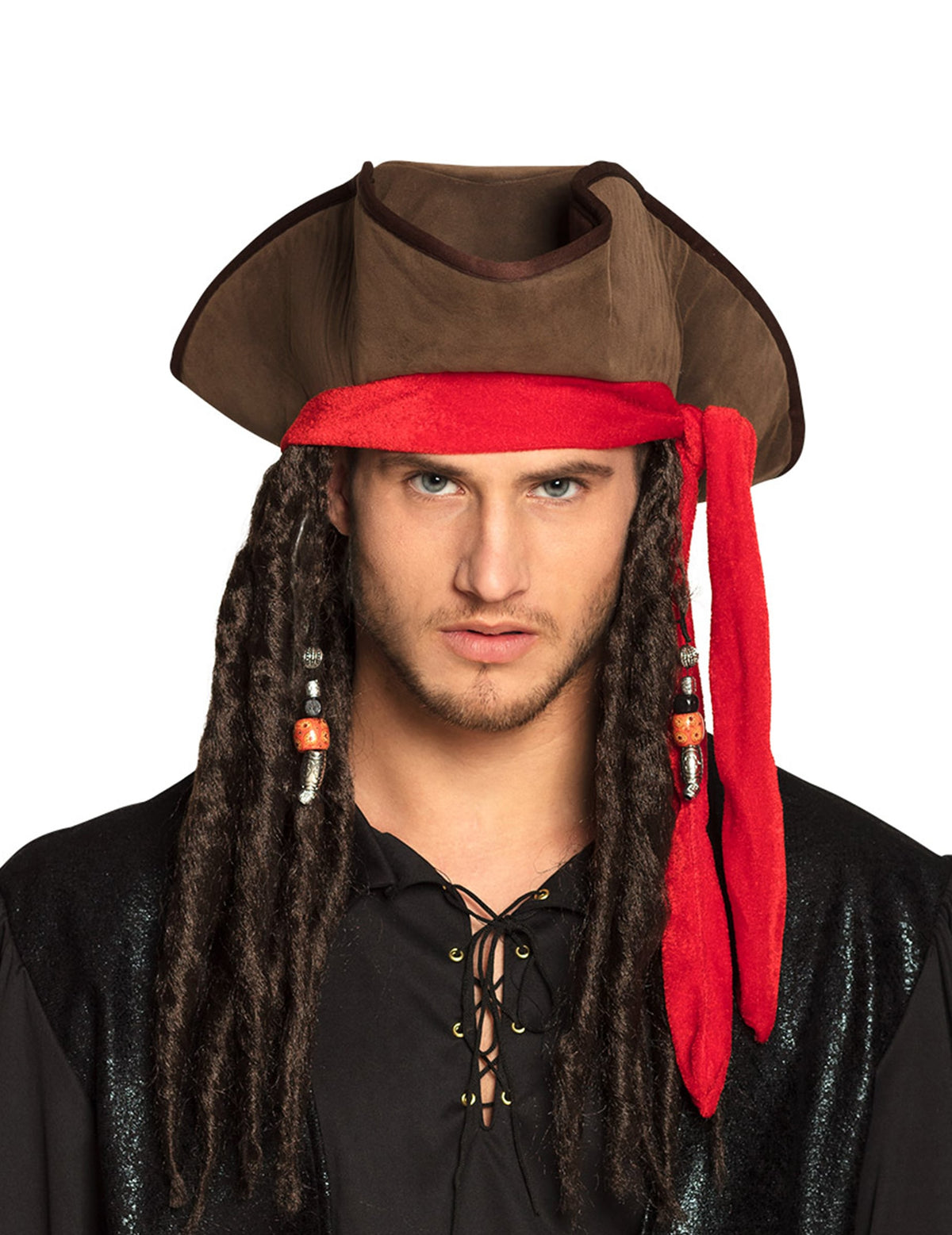 Chapeau de pirate pour adulte marron avec perruque et bandana rouge