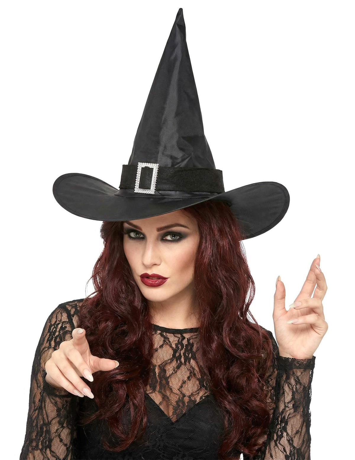Crni šešir vještice za odrasle s srebrnom kopčom