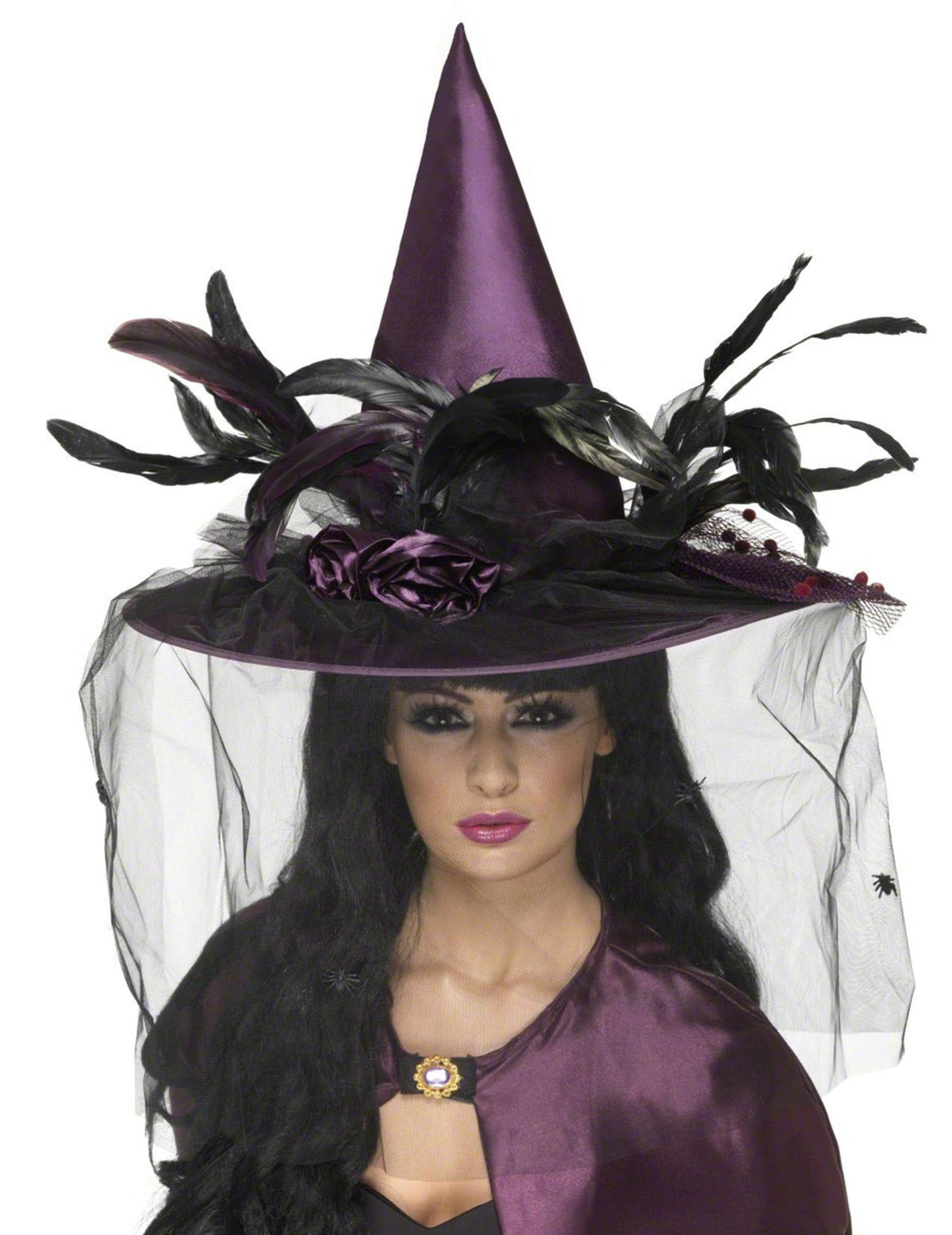 Chapeau de sorcière luxe pour femme violet avec plumes et voile noirs