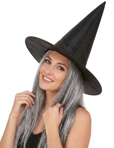 Crni šešir vještica s odraslim sivom Halloween kosom