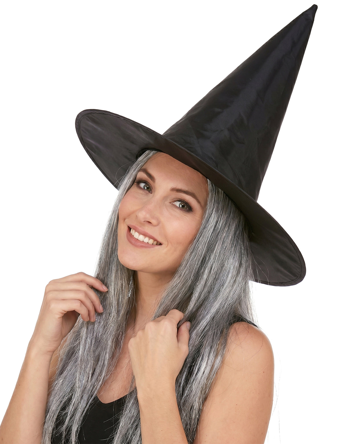 Crni šešir vještica s odraslim sivom Halloween kosom