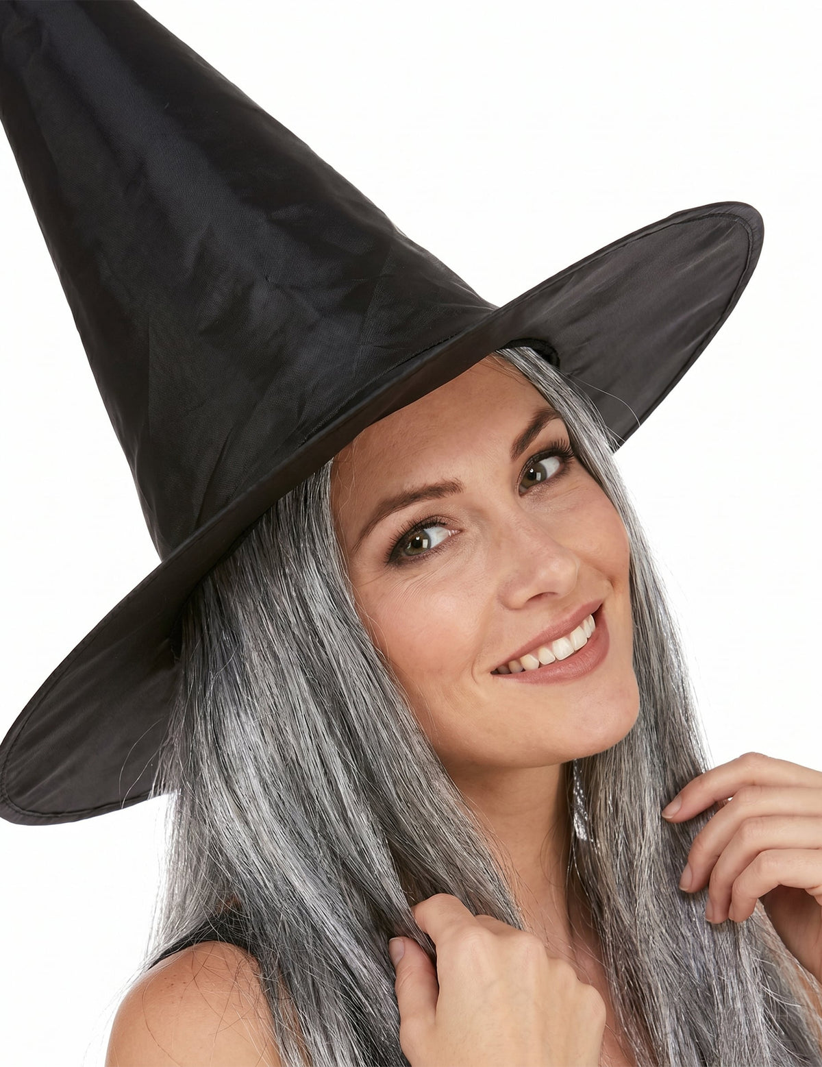 Crni šešir vještica s odraslim sivom Halloween kosom