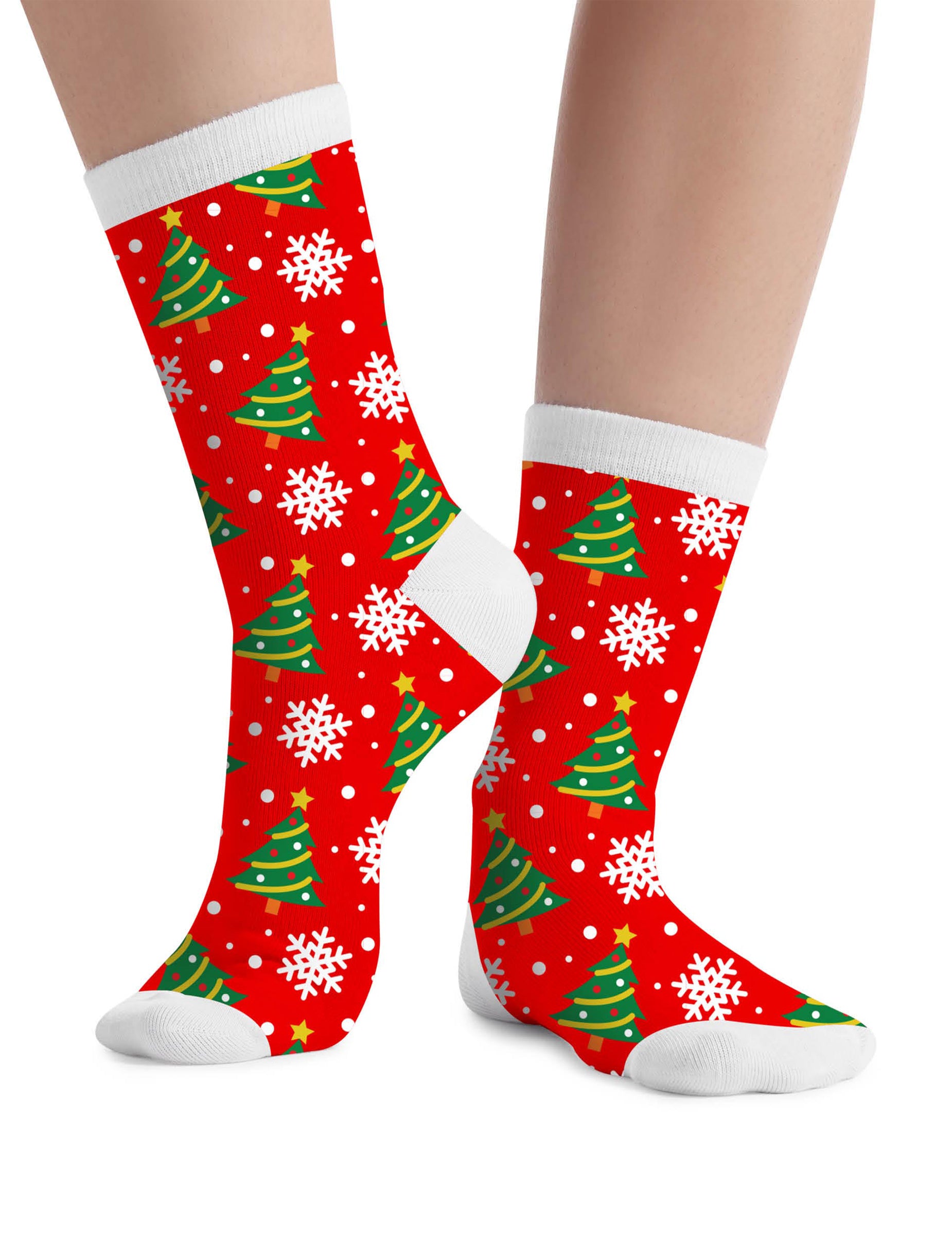 Chaussettes de Noël motifs sapins pour adulte rouges avec flocons blancs