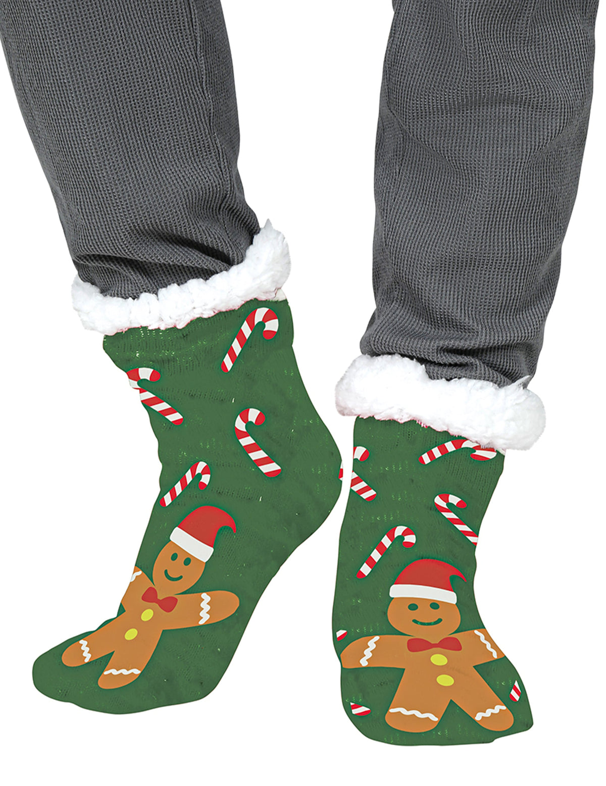 Chaussettes thermiques pains d'épices pour adulte vertes avec motifs sucres d'orge et fourrure blanche