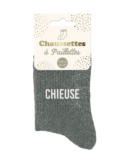 Vue du packaging des chaussettes à paillettes Chieuse
